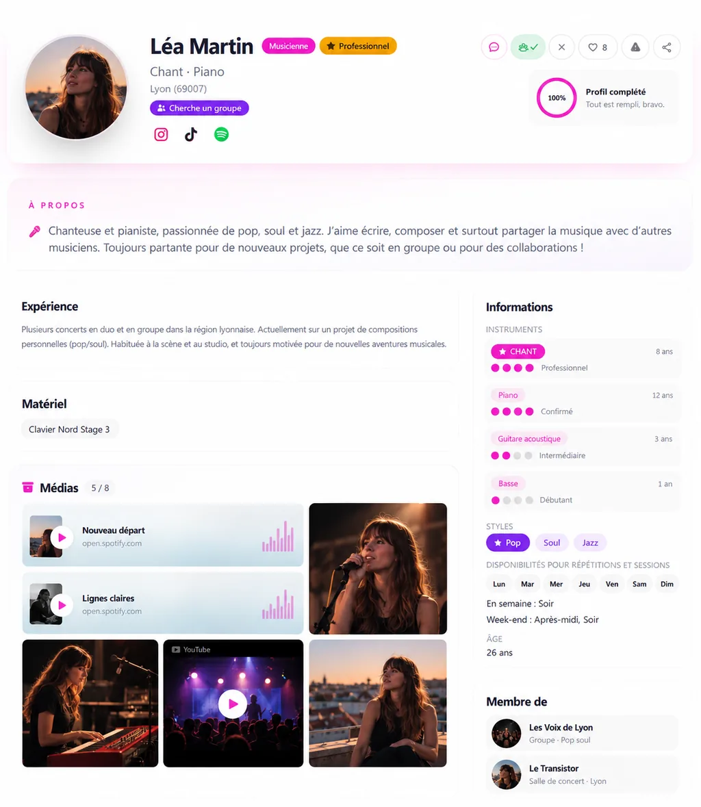 Un profil musicien complet : instruments, styles, disponibilités, galerie et groupes