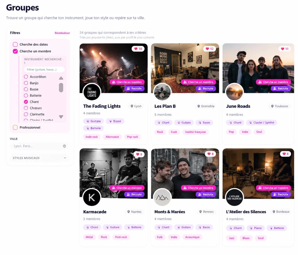 La recherche de groupes, ses filtres et ses résultats