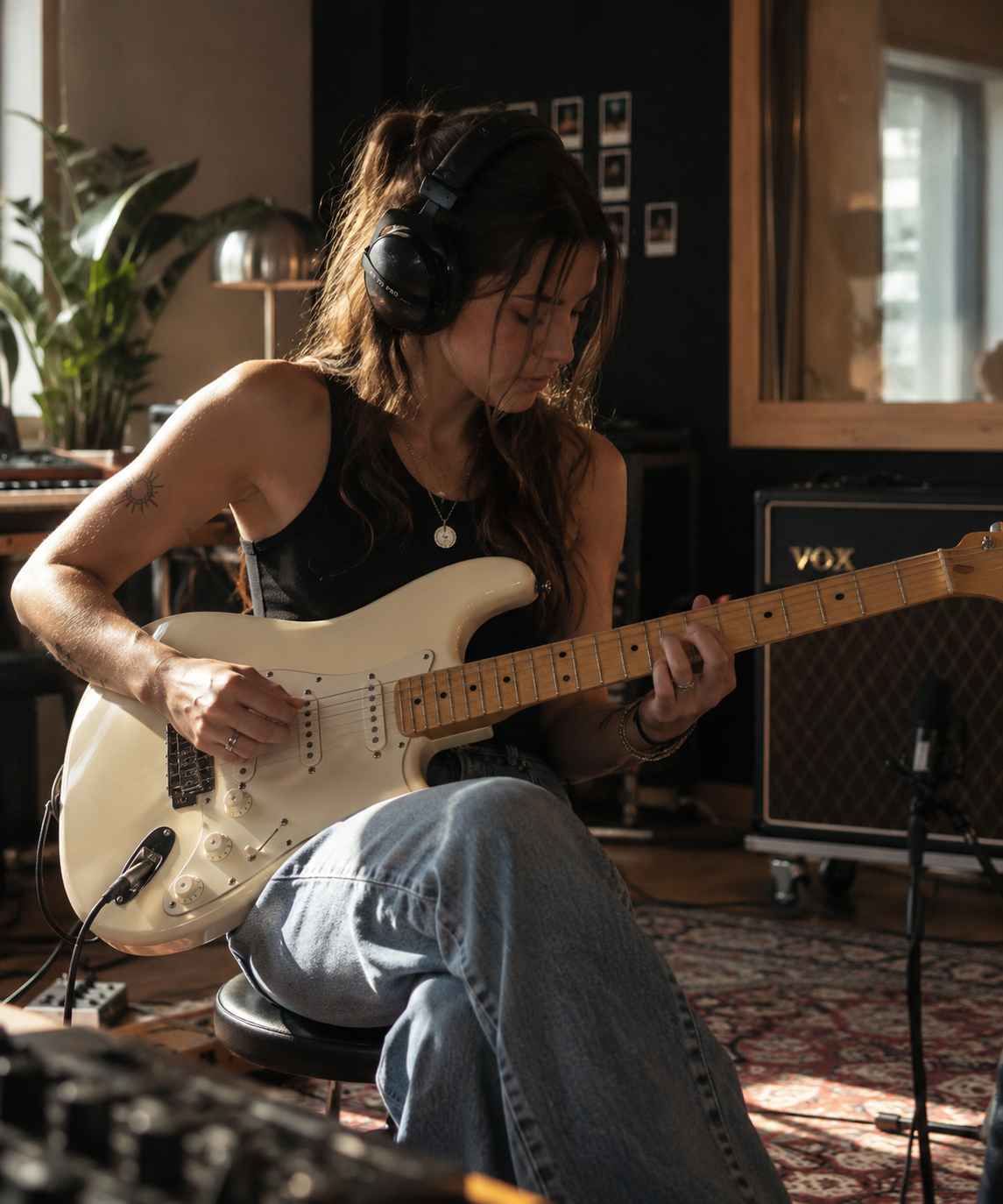Une musicienne enregistrant à la guitare électrique